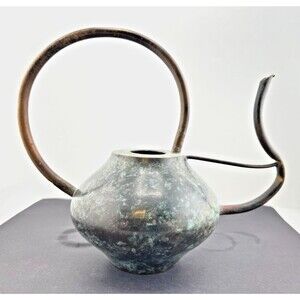 Vintage Petite Modernist Copper Watering Can Natural Verdigris Patina Bonsai